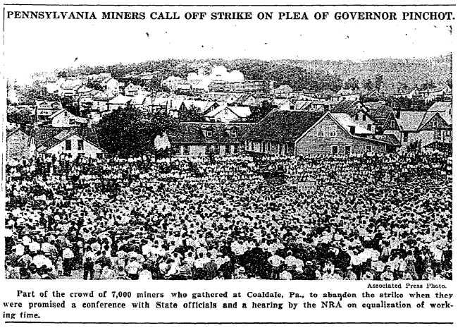 Newspaper clipping of 7,000 miners gathered in Coaldale PA.